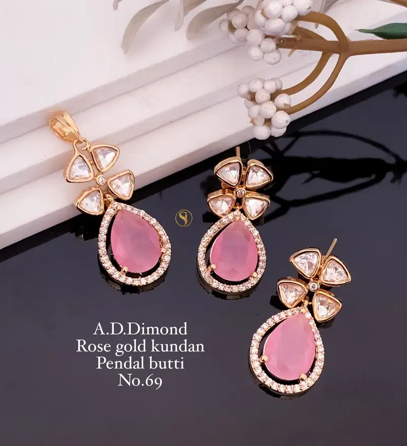 2 AD Diamond Rose Gold Kundan Pendant Butti Wholesale Shop In Surat
